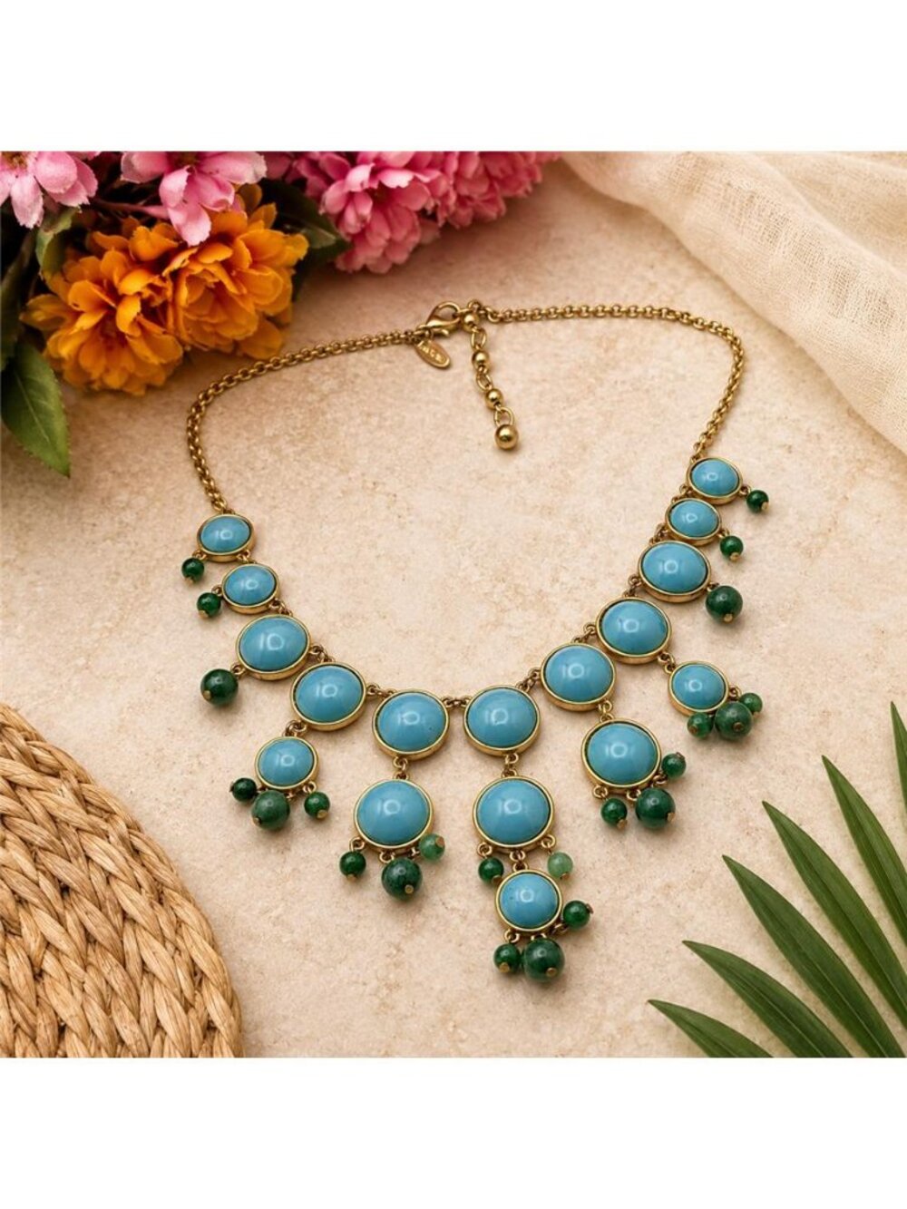 Talbots Teal Blue Lucite Cabochon Chandelier Bib Necklace Green Glass Beads 19"